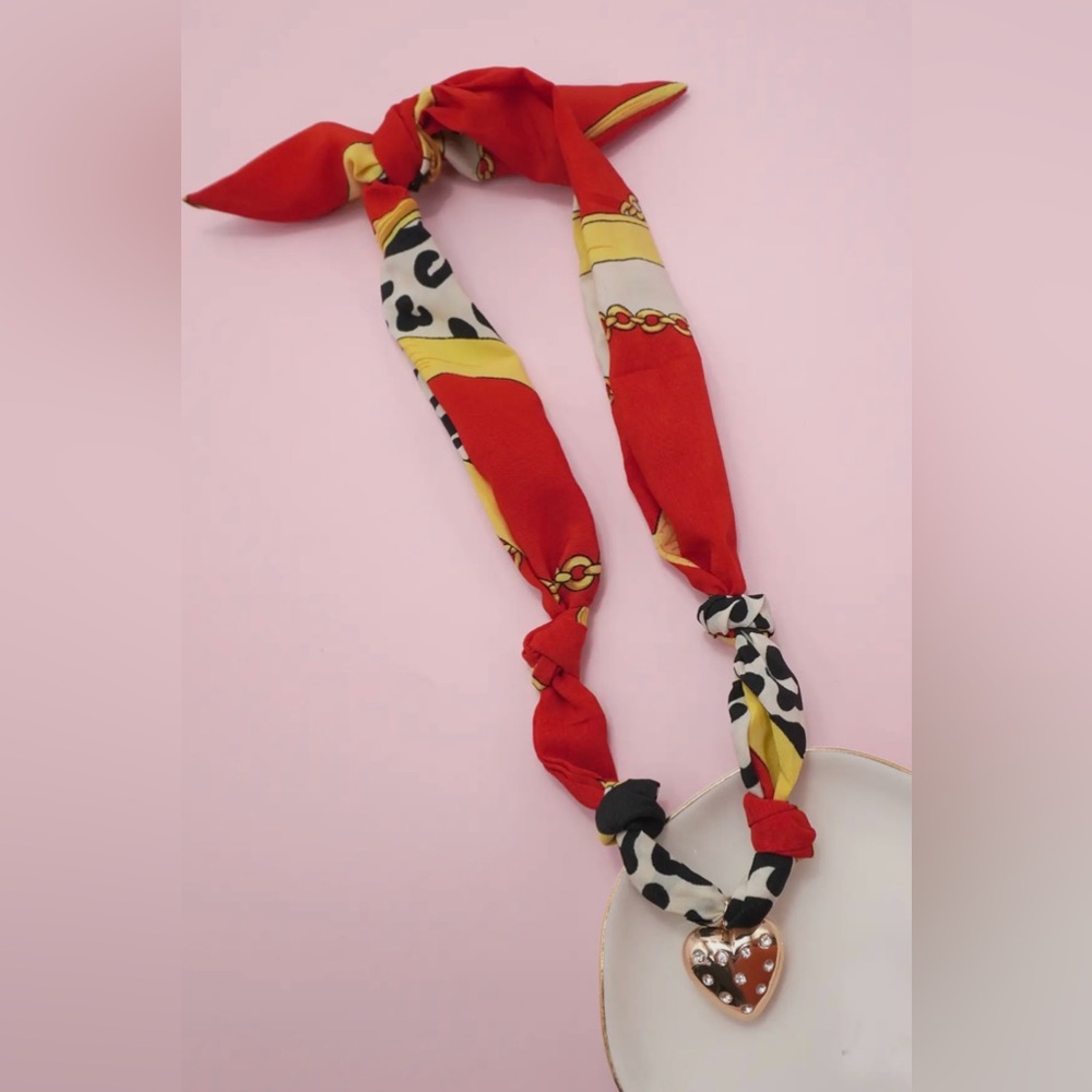 Red and Yellow Scarf Necklace with Heart Pendant